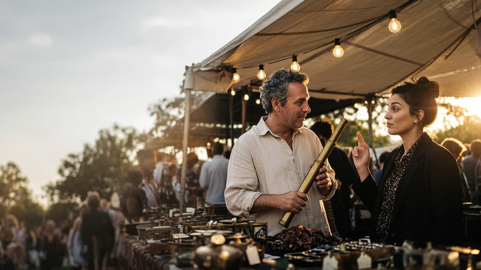 Two people haggle over a vintage telescope at a flea market. Generated photograph. Not a picture of anyone in this story.