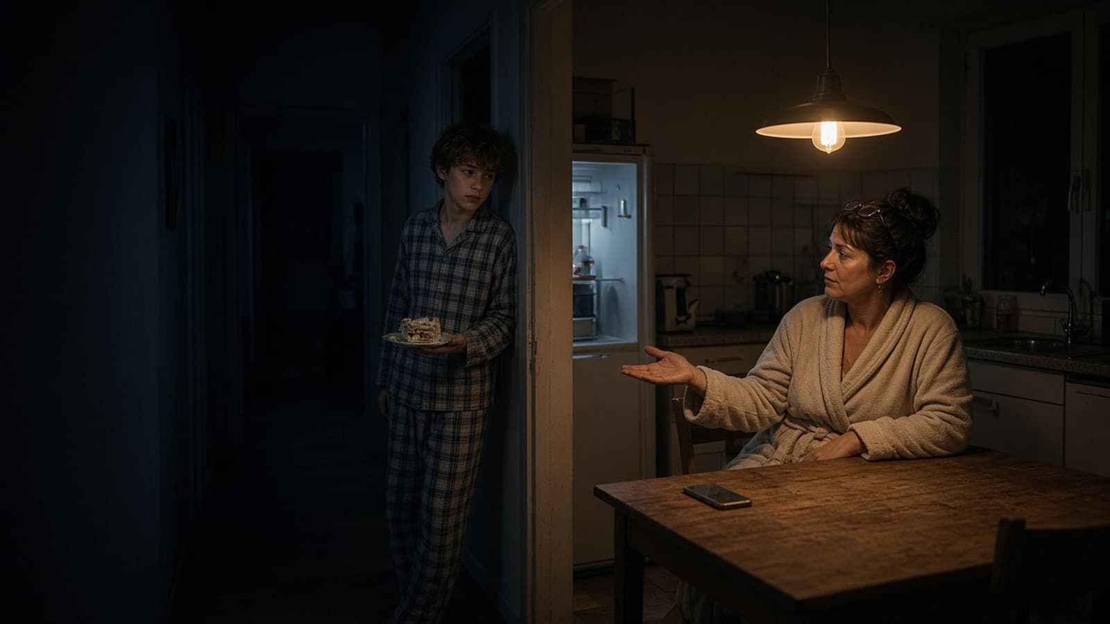 A mother at a kitchen table holds out her hand to a teenager caught with cake at night. Generated photograph. Not a picture of anyone in this story.